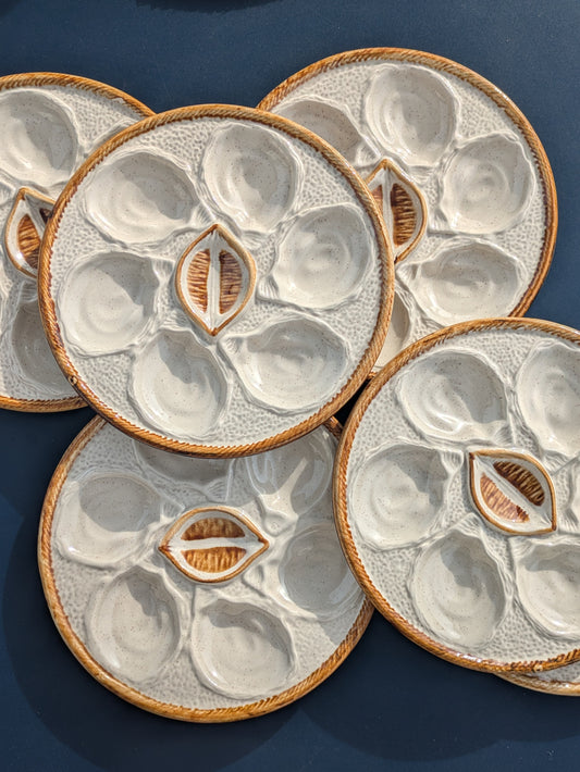 6 assiettes à huîtres vintage St Clément beiges bordures marron clair orangé