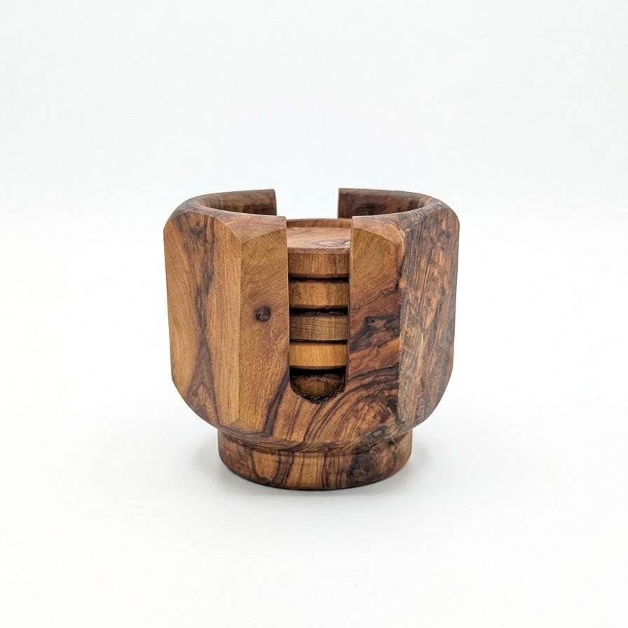 Set de 5 sous-verres et support en bois d'olivier tourné