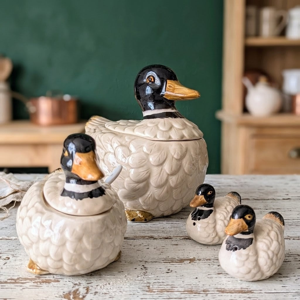 Ensemble canards en céramique barbotine salière poivrière moutardier et terrine