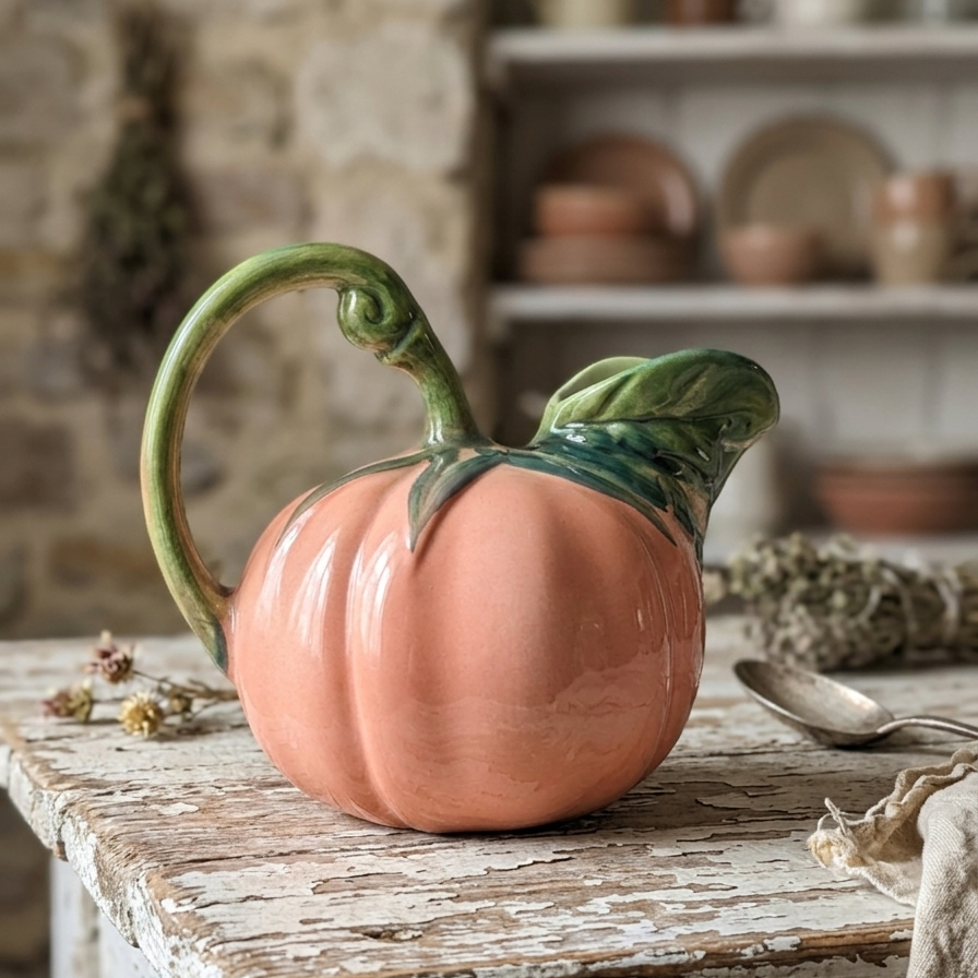 Pichet vintage en forme de courge en céramique barbotine italienne, coloris orange et vert