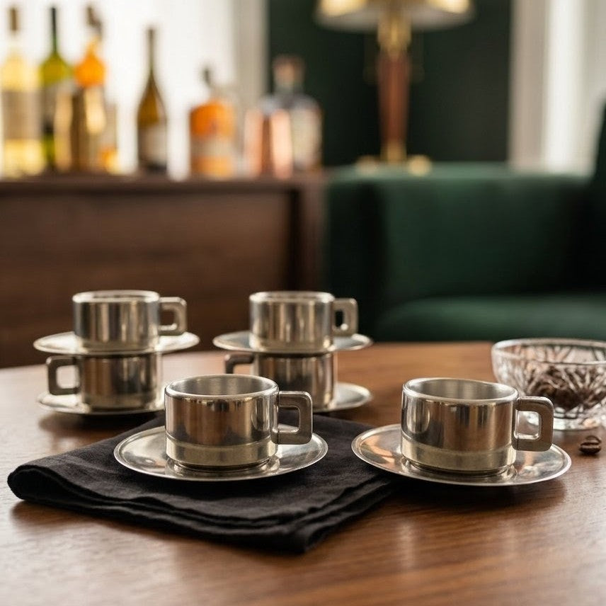 Service à Café 6 Tasses & Sous-tasses – Casalinghi STO Inox – Design Italien Vintage