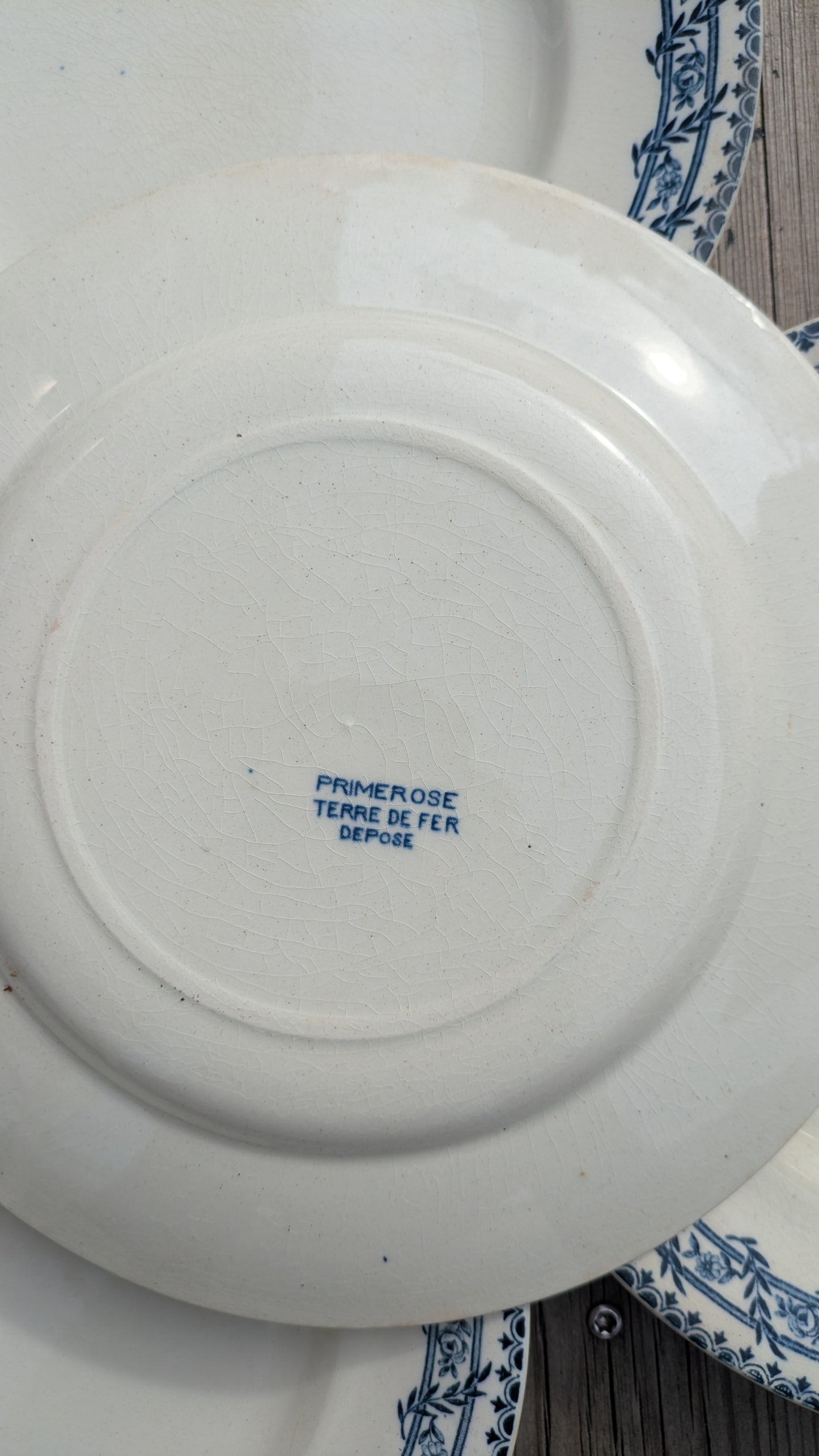 Lot de 4 assiettes plates anciennes en terre de fer modèle Primerose