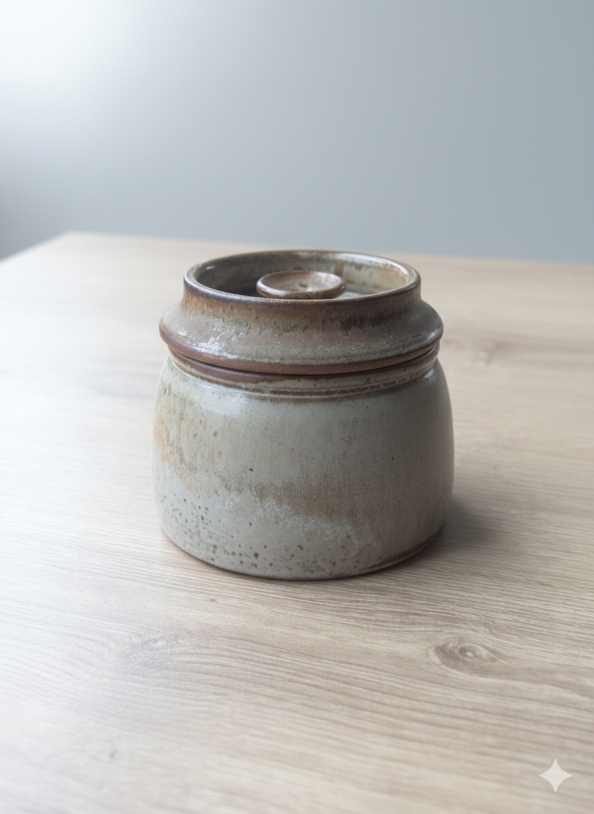 Beurrier à eau en grès artisanal par Jean-Pierre Prud'homme, poterie de Puisaye, ton beige et terre."