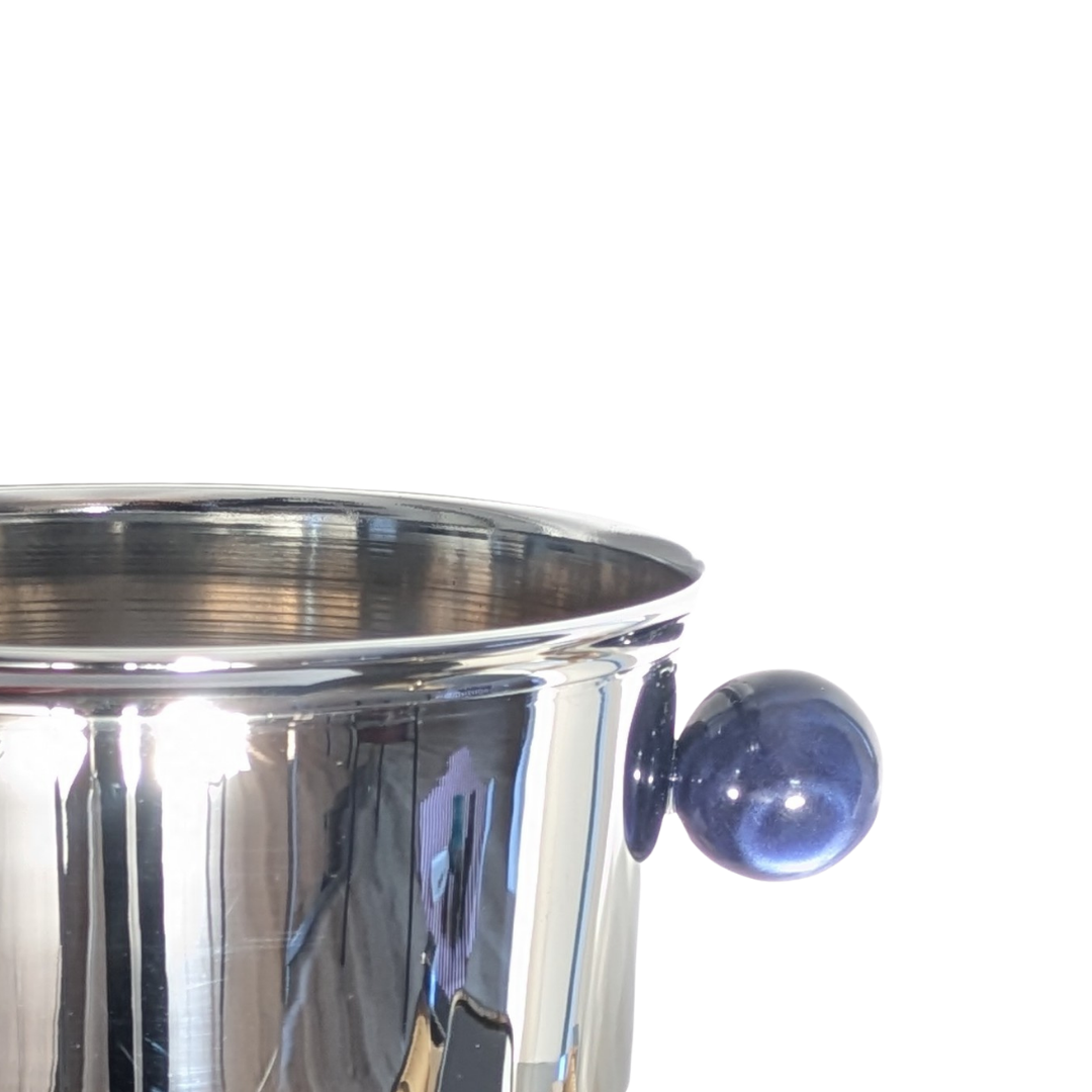 Seau à Champagne en Acier Inoxydable Poli Miroir, Poignées Bille Bleu Nuit - Collection "Au Bain Marie Paris"