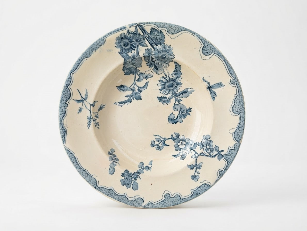 Assiette creuse ancienne terre de fer Longwy modèle Soleil c. 1890-1910). Décor floral bleu et libellule. Idéale pour une déco vintage ou campagne chic.