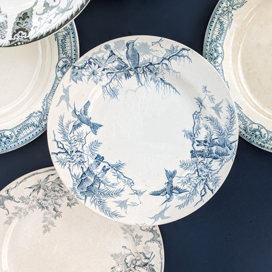 Assiette sur piédouche ancienne terre de fer K&G Lunéville modèle Colibri, décor bleu d'oiseaux et fleurs sur faïence blanche