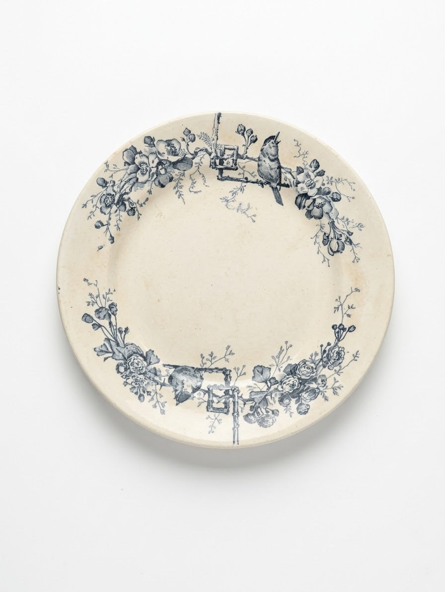 Assiette plate ancienne en terre de fer, estampillée Grand Dépôt Émile Bourgeois (21 Rue Drouot, Paris & Marseille). Décor champêtre bleu indigo représentant un oiseau chanteur sur branche fleurie. Élégante faïence fine de la fin du XIXe siècle.