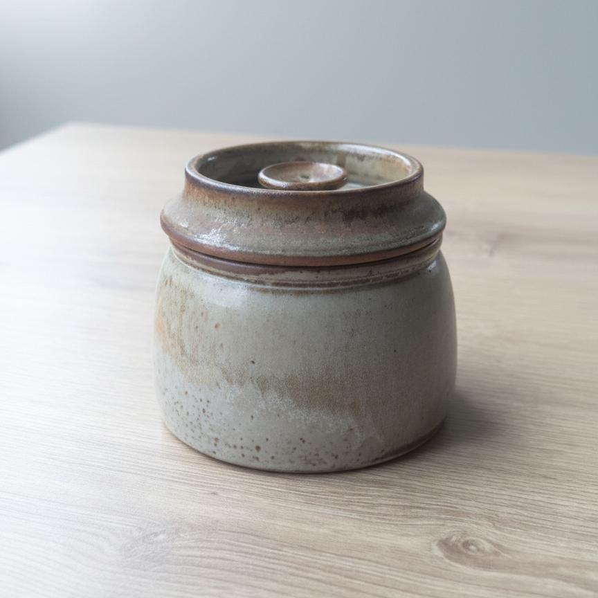 Beurrier à eau en grès artisanal par Jean-Pierre Prud'homme, poterie de Puisaye, ton beige et terre."