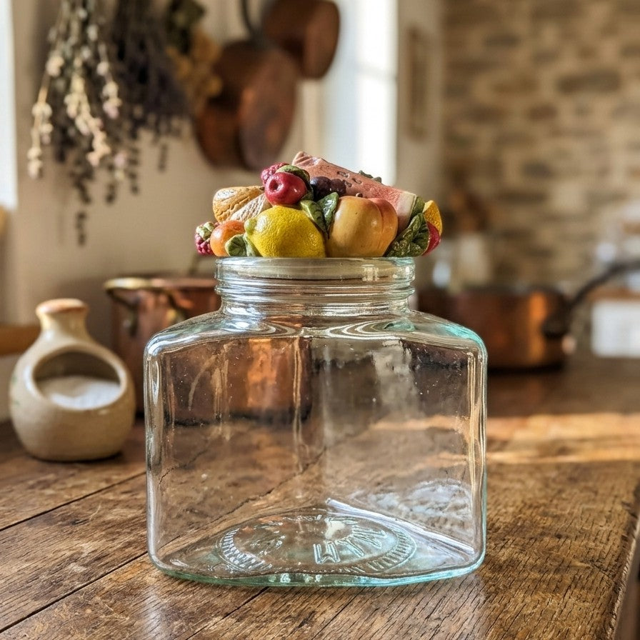 Bocal en Verre Italien – Forme Triangulaire & Couvercle Fruits en relief – Vintage