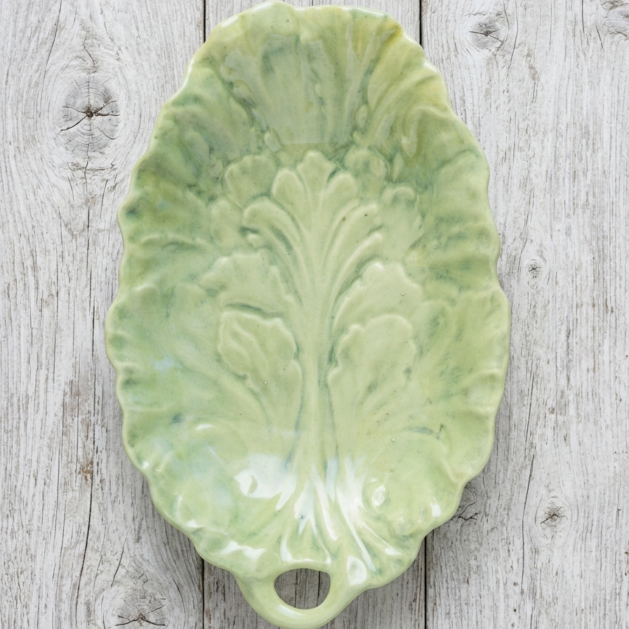 Dos du plat en majolique barbotine de Bavière en forme de feuille verte, Bareuther Waldsassen.