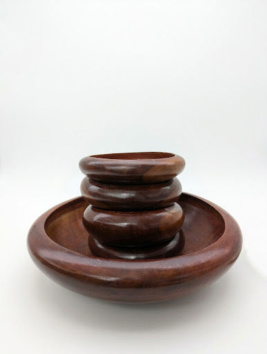 Ensemble d'Aapéritif Vintage en Bois Tourné Mid-Century Modern | Plat & 4 Bols
