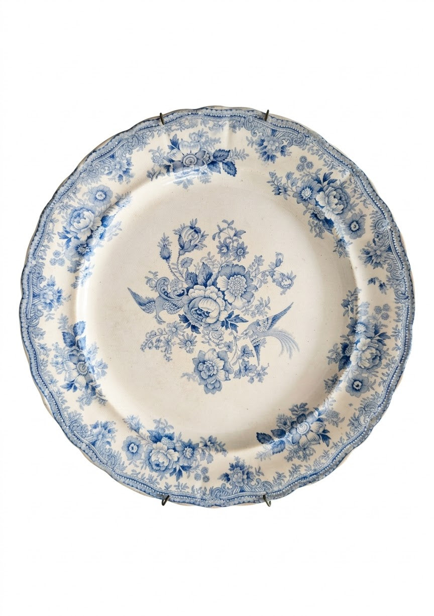Grand plat rond en terre de fer anglaise festonné avec décor transfert bleu Asiatic Pheasant à motif de fleurs et faisan d'Asie.  Grand Plat Ancien Asiatic Pheasant – Faïence Anglaise / Terre de Fer Bleu | JD&S