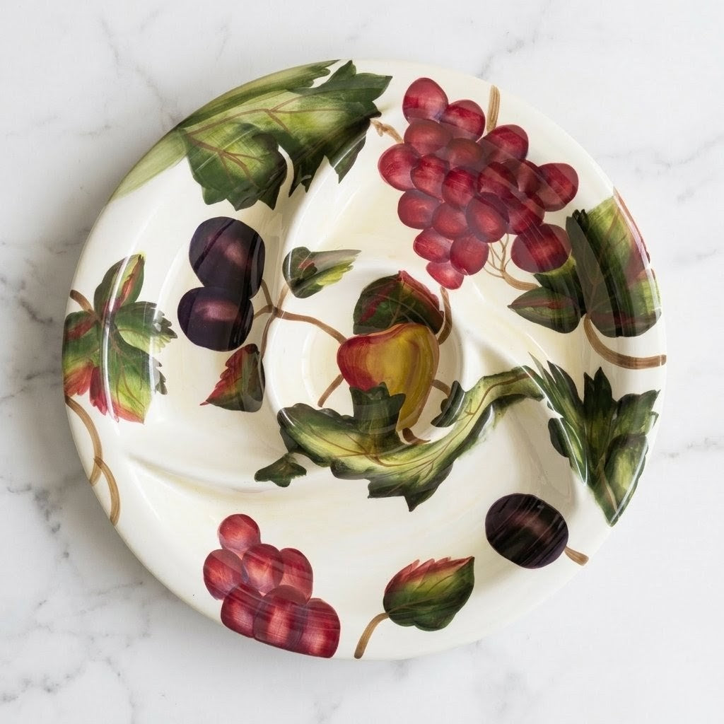 Grand Plat à Compartiments Siaki – Décor Fruits (Vigne & Prunes) – Céramique Dolomite 