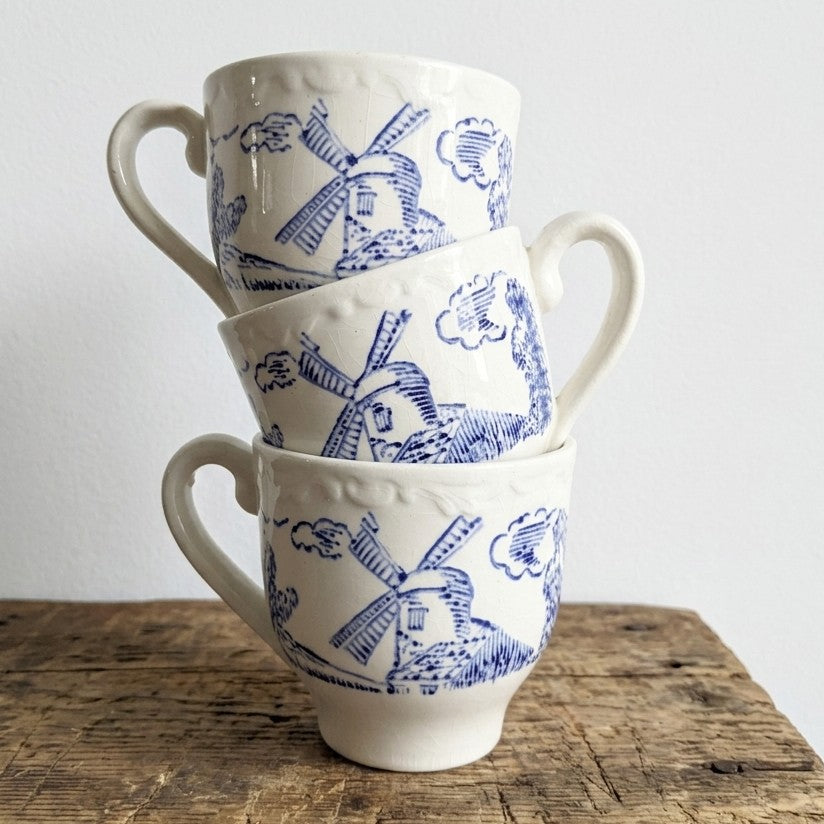 Lot de 3 Tasses à Café Digoin & Sarreguemines – Modèle "Bourbon" – Faïence Bleue et Blanche Vintage