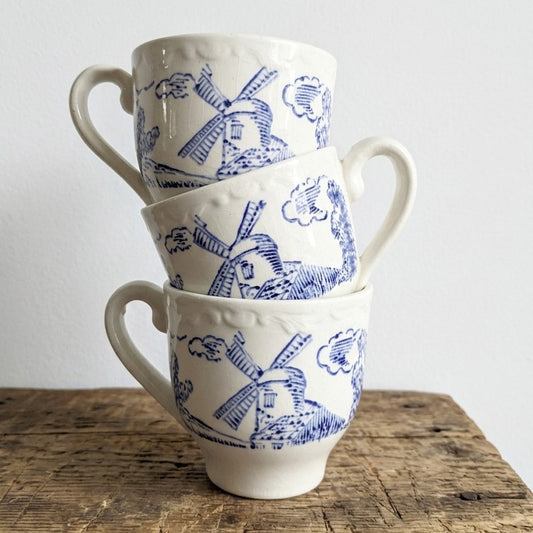 Lot de 3 Tasses à Café Digoin & Sarreguemines – Modèle "Bourbon" – Faïence Bleue et Blanche Vintage