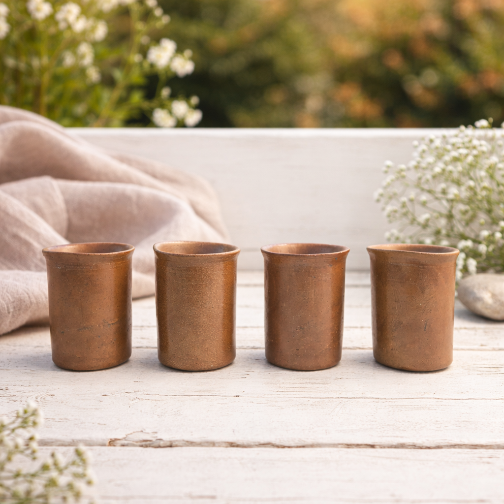 Lot de 4 gobelets artisanaux vintage en grès, fait à la main chaque modèle est différent 
