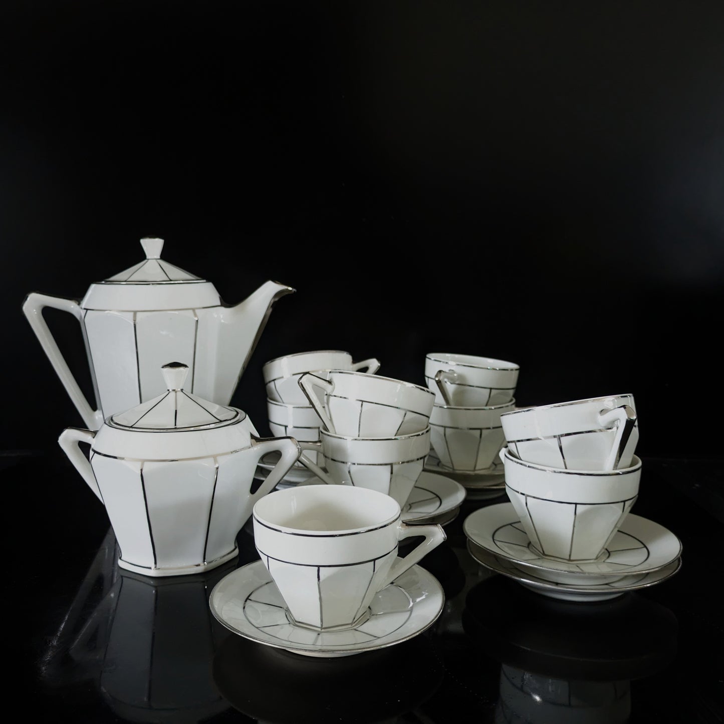 Art Deco coffee service with silver rim in Limoges porcelain