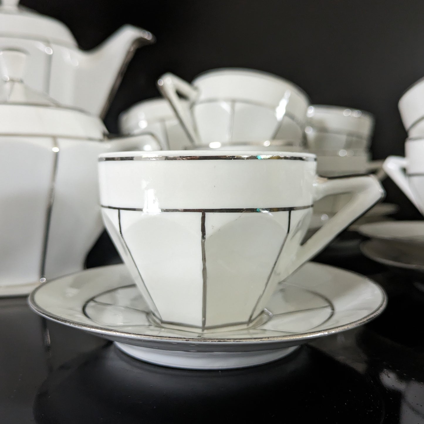 Art Deco coffee service with silver rim in Limoges porcelain