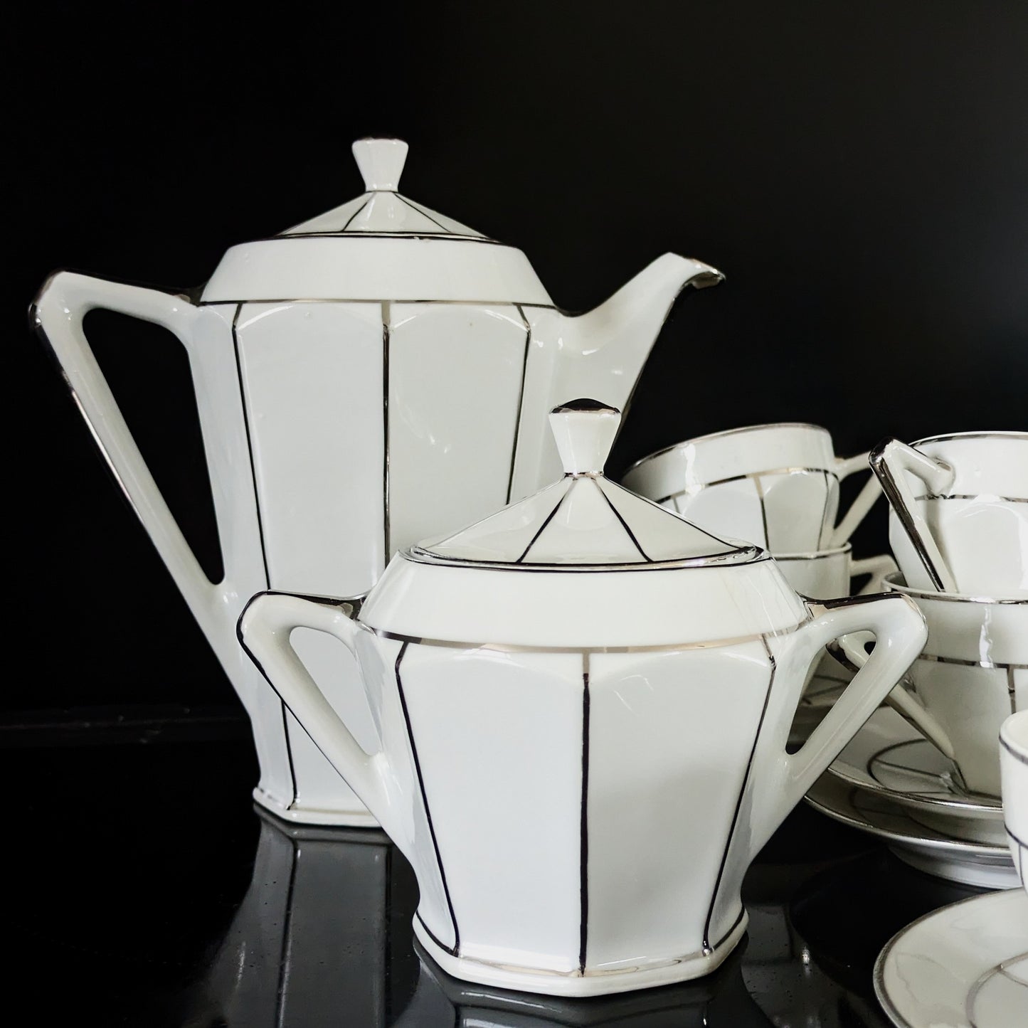 Art Deco coffee service with silver rim in Limoges porcelain