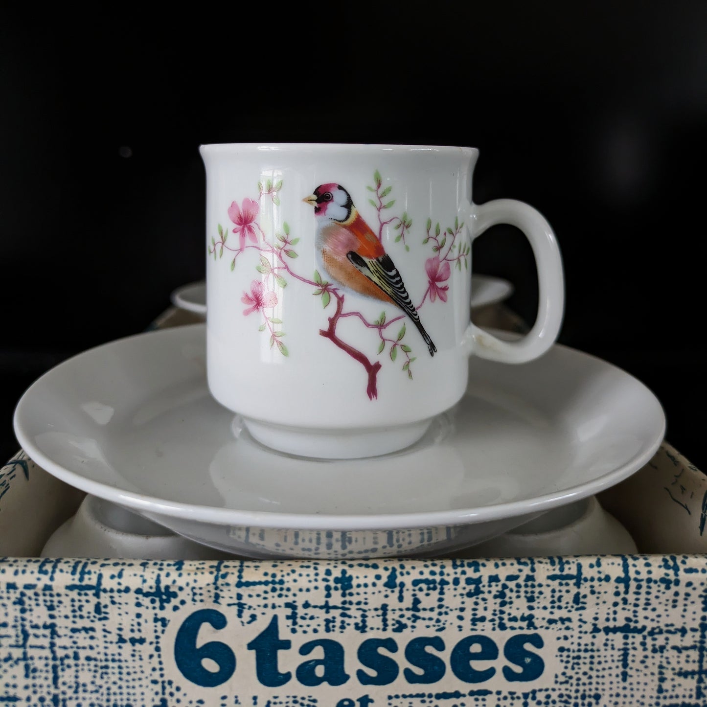 Coffret 6 tasses et 6 sous tasses vintage motif oiseau