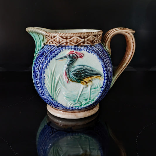 Rare Onnaing pitcher in barbotine with Heron decoration, late 19th century