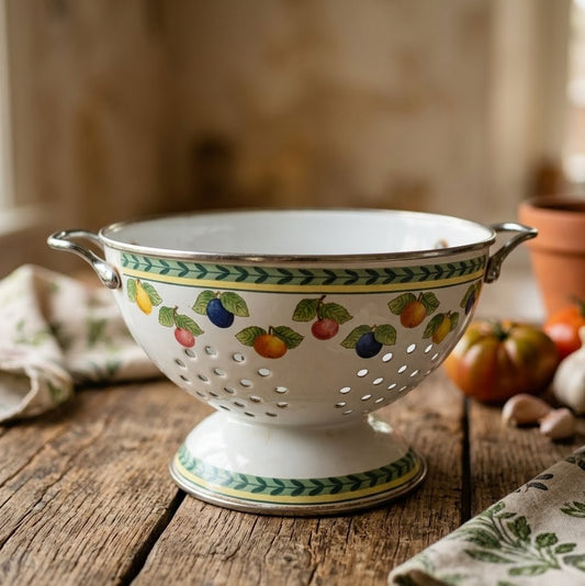 Passoire sur Pied en Acier Émaillé – Villeroy & Boch – Décor Fruits Vintage