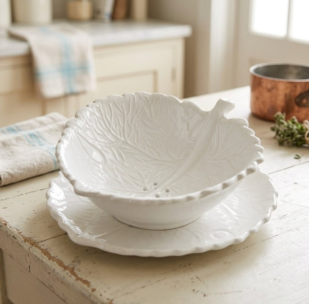 Plat égouttoir et soucoupe en majolique barbotine en forme de feuille 