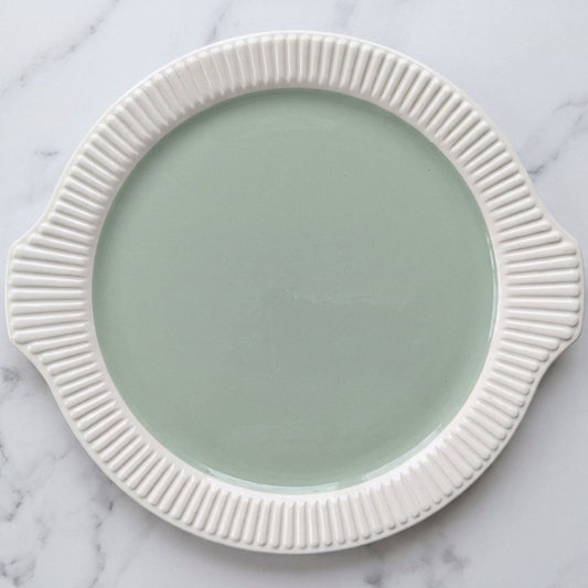 Plat à tarte Villeroy et Boch modèle Capri, bord plissée blanc ivoire et centre vert amande 