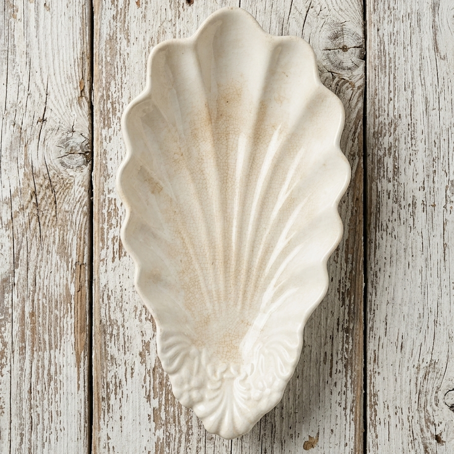 Ravier ancien en forme de coquille signé Digoin Sarreguemines. Faïence vintage joliment patiné et craquelé