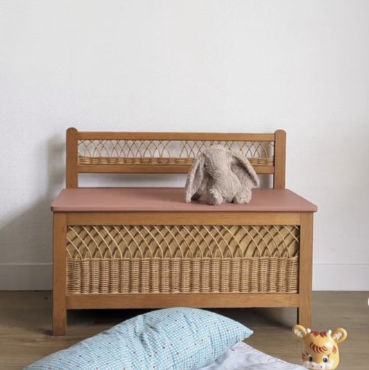 Banc coffre vintage en bois et rotin pour enfant *pas de livraison uniquement retrait sur Toulouse*