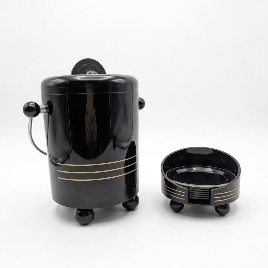 Seau à glaçons vintage WMF Germany noir à liserés dorés avec son support et 6 dessous de verre assortis