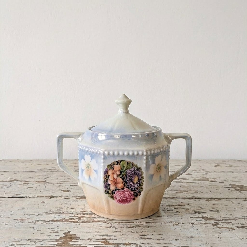 Sucrier vintage e porcelaine irisée et décor perles en relief, tons pastels décoration florale 
