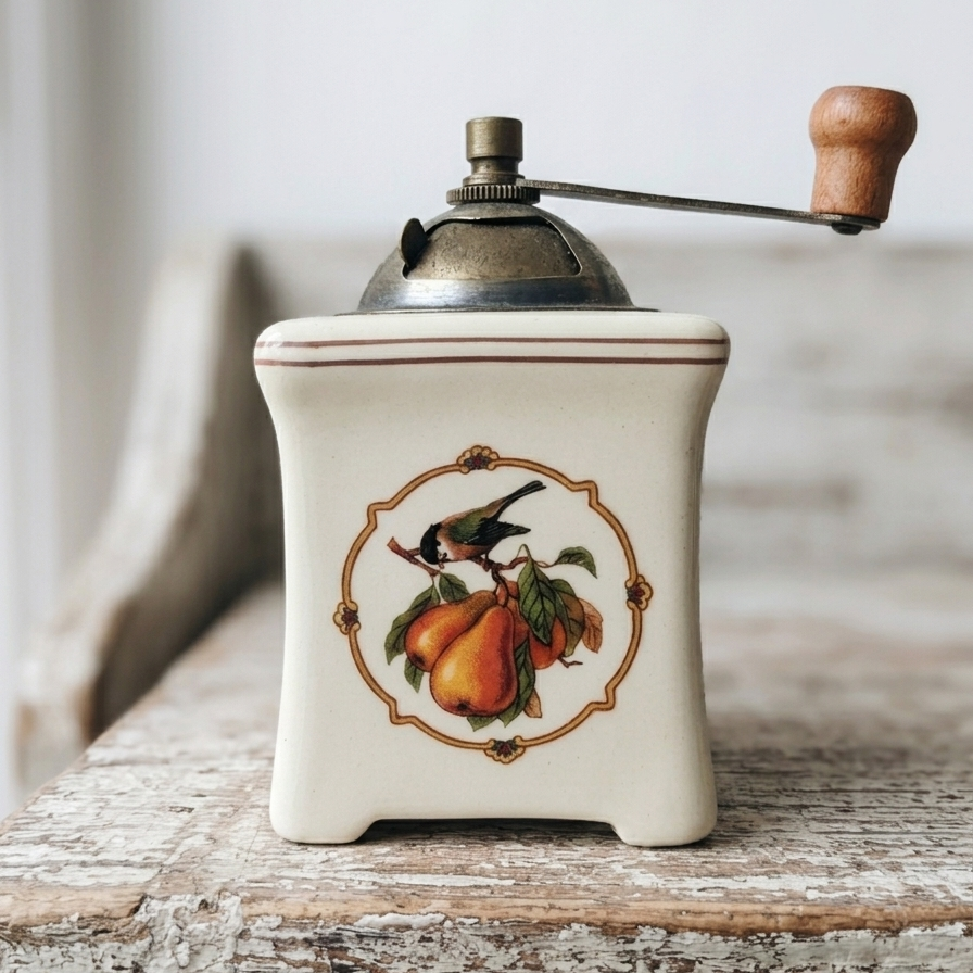 Petit moulin à poivre ancien en porcelaine blanche avec décor d'oiseau et de poires, manivelle en métal et bois.