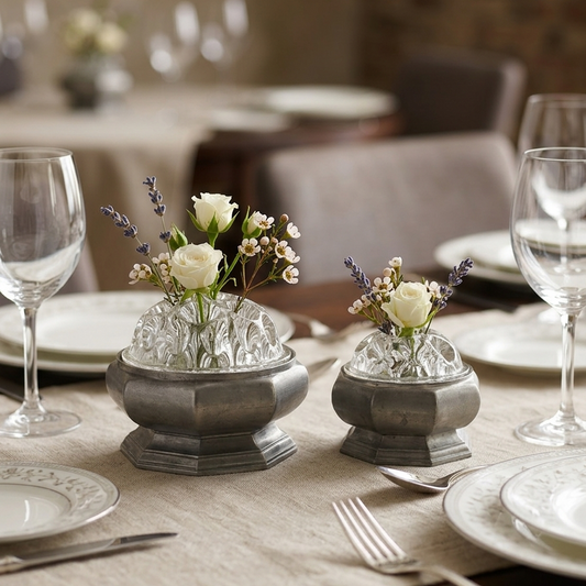 Duo de piques-fleurs vintage en verre moulé transparent et socles octogonaux en étain véritable avec poinçon d'origine Les Étains du Manoir France.