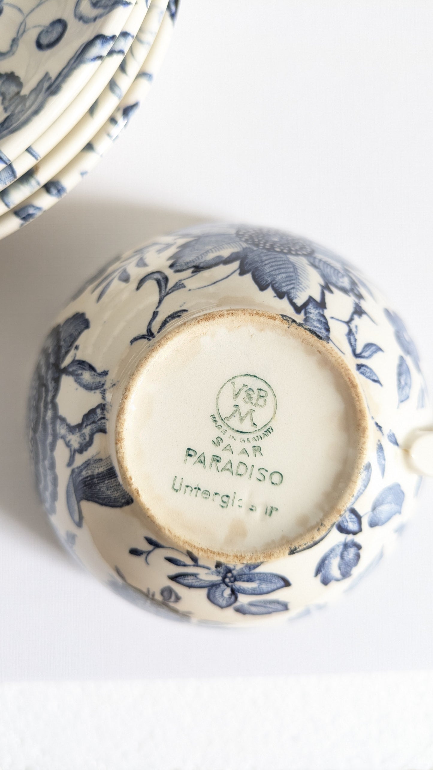 Lot 2 Tasses & 5 Sous-tasses Villeroy & Boch Paradiso - Faïence Vintage Bleu & Blanc