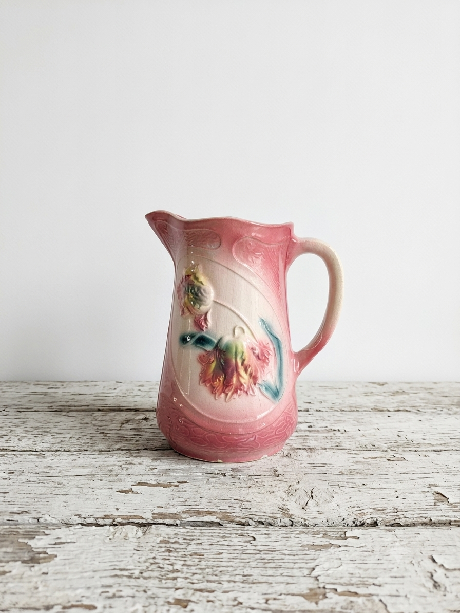 Pichet Ancien en Barbotine Majolique – Décor Tulipes en Relief