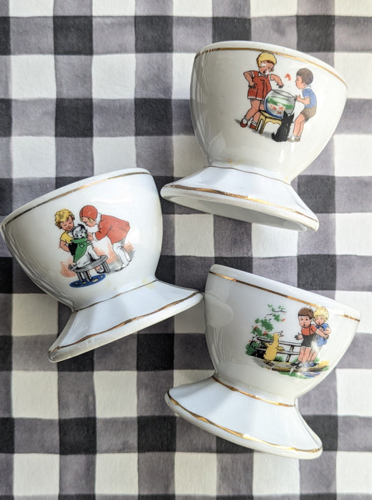 Lot de 3 Coquetiers Vintage Porcelaine - Décor Enfantin & Liseré Or (Années 50/60)