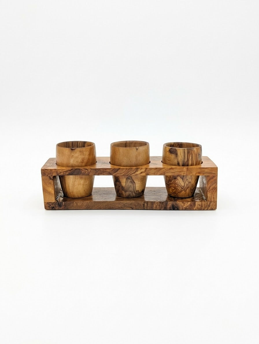 Ensemble 3 Coquetiers et Support en Bois d'Olivier Tourné – Artisanat Fait Main