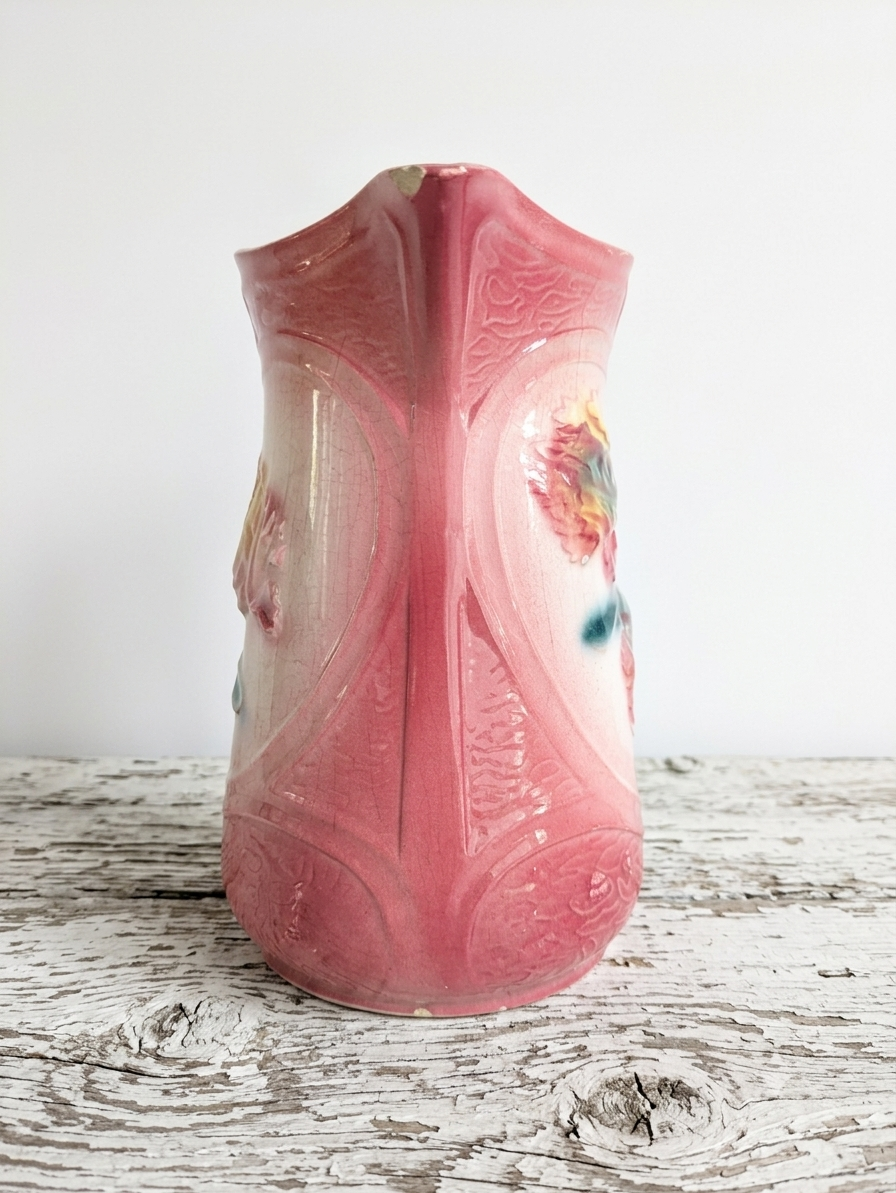 Pichet Ancien en Barbotine Majolique – Décor Tulipes en Relief