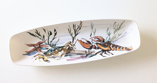 Grand plat Style Vallauris vintage 60-70 décor crustacé peint à la main