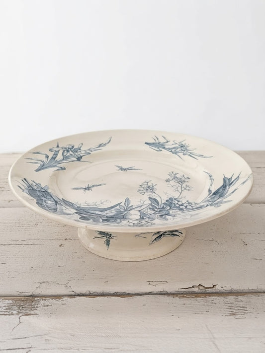 Assiette sur Piédouche Ancienne "Terre de Fer" – Lunéville (Modèle Botanique & Insectes)