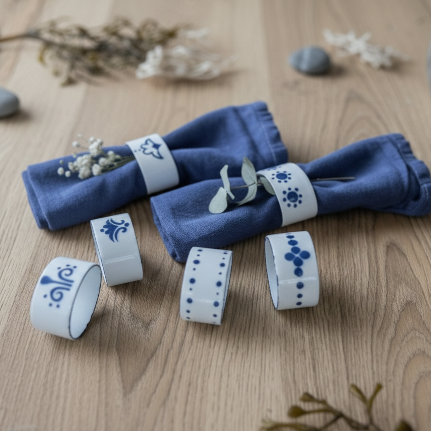 Lot de ronds de serviette vintage IKEA HEDER en acier émaillé blanc et bleu, design Katarina Brieditis, motifs folkloriques scandinaves."