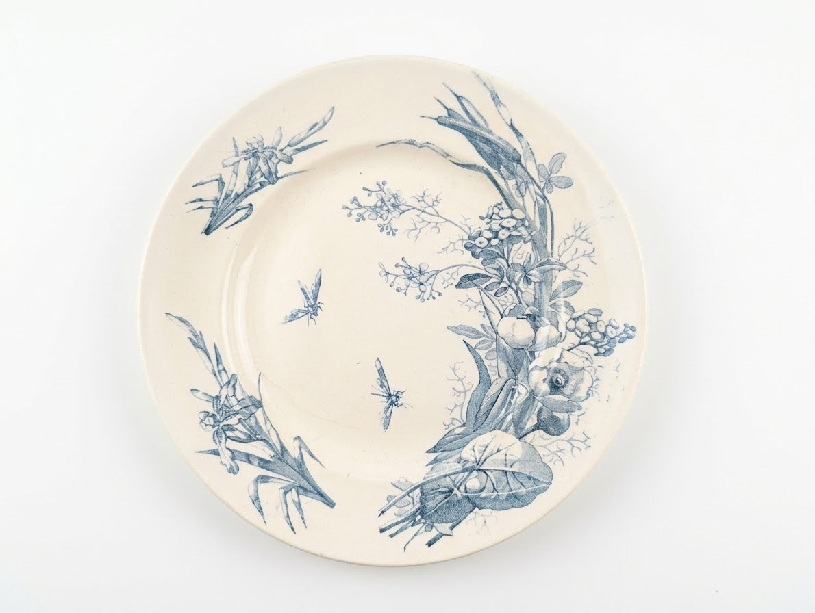 Assiette sur Piédouche Ancienne "Terre de Fer" – Lunéville (Modèle Botanique & Insectes)