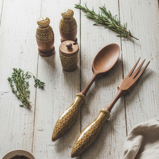 Set de service à salade vintage 5 pièces ceramique et bois