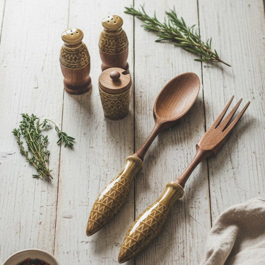 Set de service à salade vintage 5 pièces ceramique et bois