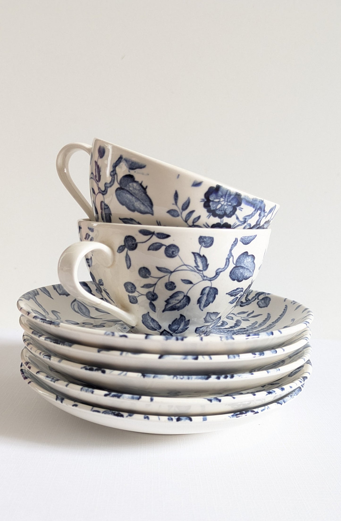 Lot 2 Tasses & 5 Sous-tasses Villeroy & Boch Paradiso - Faïence Vintage Bleu & Blanc