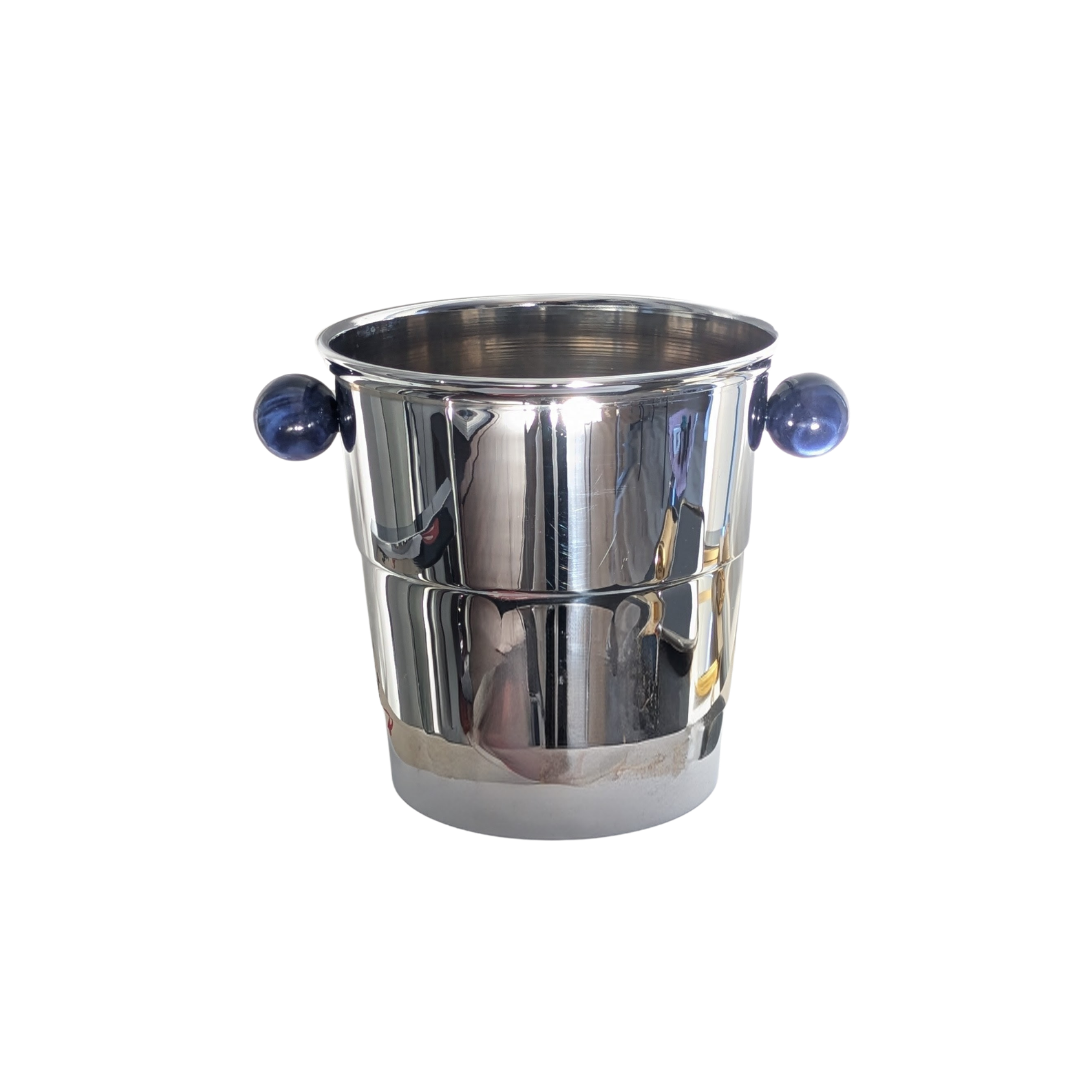 Seau à Champagne en Acier Inoxydable Poli Miroir, Poignées Bille Bleu Nuit - Collection "Au Bain Marie Paris"
