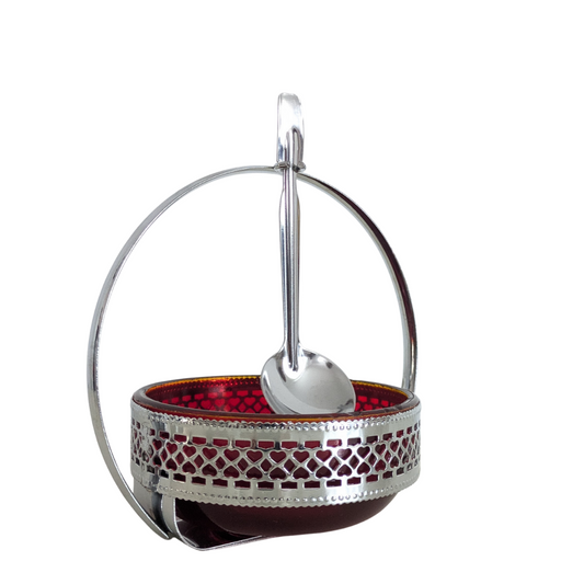 🍒 Sucrier Vintage en Verre Rubis et Métal Argenté