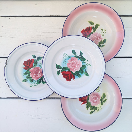 Lot d'assiettes vintage en tôle émaillée bumper harvest et swallow brand