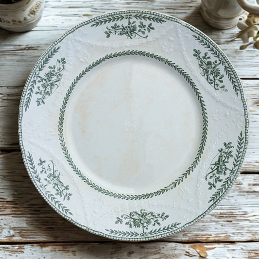 Lot de 4 Grandes Assiettes Plates Badonviller - Modèle Empire Terre de Fer Vert/Blanc